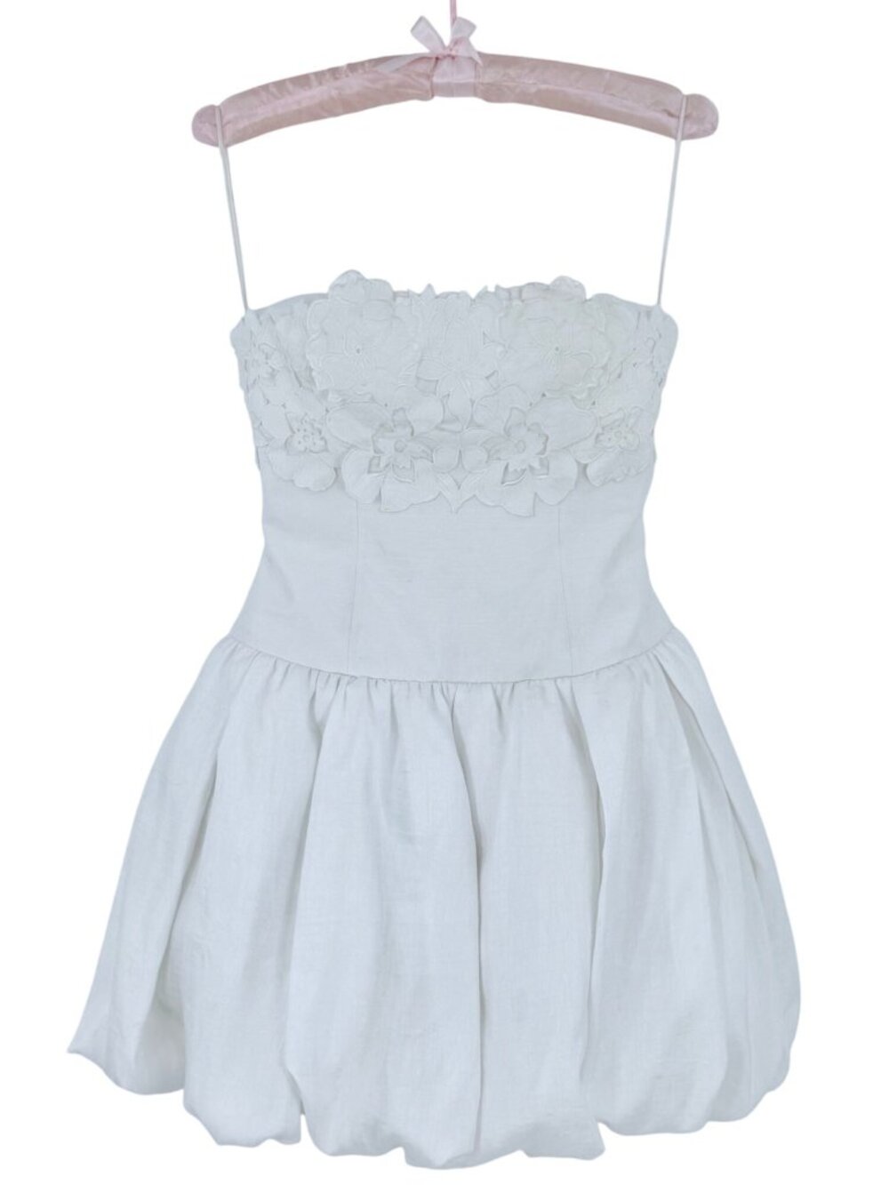 BHLDN Anthropologie Strapless Floral Applique Bubble Hem White Mini Dress 4 - Picture 2 of 16